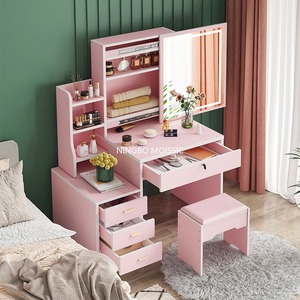 Modern pink Vanity <b>Makeup</b> Table Mirrored Dresser 6 Drawers Dressing Table Designs with <b>Led</b> Lights <b>Mirror</b> and Stool - Product Image 1