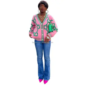 Rose vert Streetwear printemps automne hiver femmes veste manteau bloquant à manches longues Cardigan élégant chandails en tricot