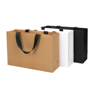 Gift Jewelry Reutilizável com Ribbon Handle Compras Graxa Craft Proof Reciclável Paper Bags Vestuário Kraft Paper Carton Packing