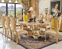 Table à manger ronde en bois et marbre noir de style royal antique français européen, durable et confortable, avec six chaises en cuir violet