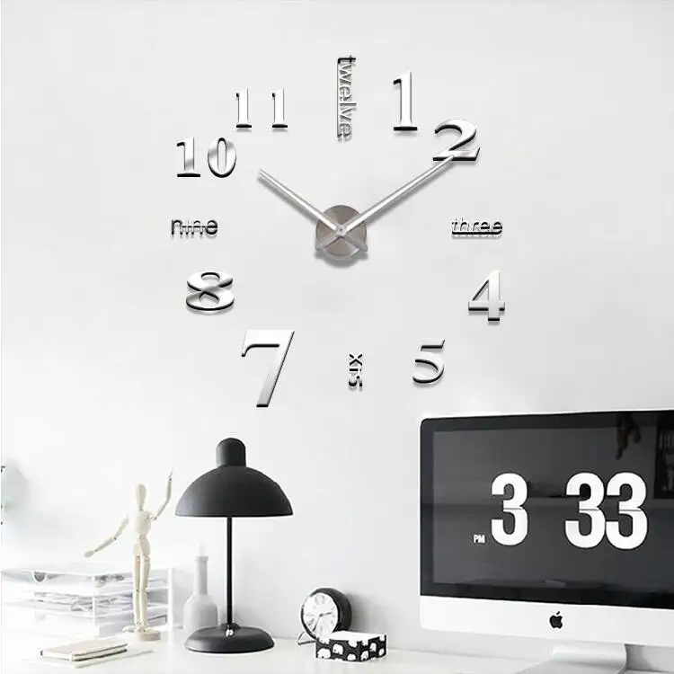 Frameless DIY Wall Clock 3D mirror wall clock large silent wall watch sticker is suitable for home decoration
