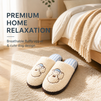 Pantoufles en peluche brodées avec un chien mignon de dessin animé, pantoufles d'hiver pour femmes, chaudes et moelleuses, à bout ouvert, pour la maison
