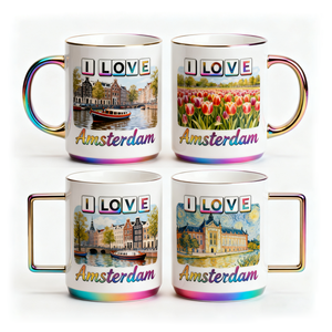 Tasses en céramique personnalisées pour souvenirs touristiques avec un design « JE T'AIME <span class=keywords><strong>AMSTERDAM</strong></span> » et une poignée de couleur arc-en-ciel pour les grossistes en cadeaux souvenirs - Product Image 1