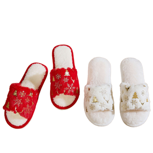 Nuevas Pantuflas de Invierno para Niña, con Forro de Peluche, Bordado Navideño, Suela de PVC, Punta Abierta, Antideslizantes, para Interiores - Product Image 1
