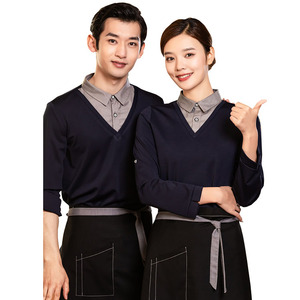 Nueva moda personalizada de imitación de dos piezas camisa de trabajo restaurante Bar personal uniforme superior camarero camarera estilo Casual Fabricación de <span class=keywords><strong>camisetas</strong></span> - Product Image 5