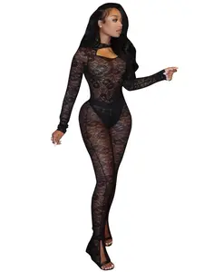 2024 Spring New Lace Hollow Long Sleeved Jumpsuit Split Pants Casual Set