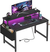 Bureau de jeu réversible OEM en forme de L avec éclairage LED, prises de courant, étagères de rangement, structure métallique, table d'ordinateur d'angle