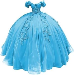 Robes de Quinceañera bleu clair, épaules dénudées, en tulle, avec fleurs 3D, corset, <span class=keywords><strong>robe</strong></span> de bal pour fête d'anniversaire, perles, robes de princesse 15-16 ans - Product Image 4