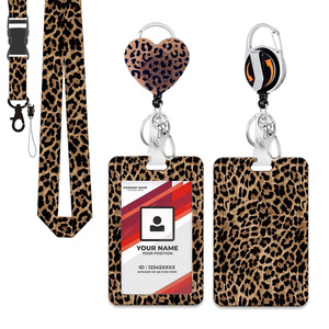 In stock: Brown leopard print heart-shaped card holder with rotating back <b>clip</b>, shiny acrylic heavy-duty badge scroll, embossed - Product Image 1