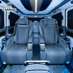 ערכת הסבה לרכב מיניוואן יוקרתי נייד מדגם CARRIDE Vito,  עשויה מסגסוגת אלומיניום ו-PVC, עם מושבי עור בצבע חום בהיר, גג זרוע כוכבים ותאורת אווירה. - Product Image 5