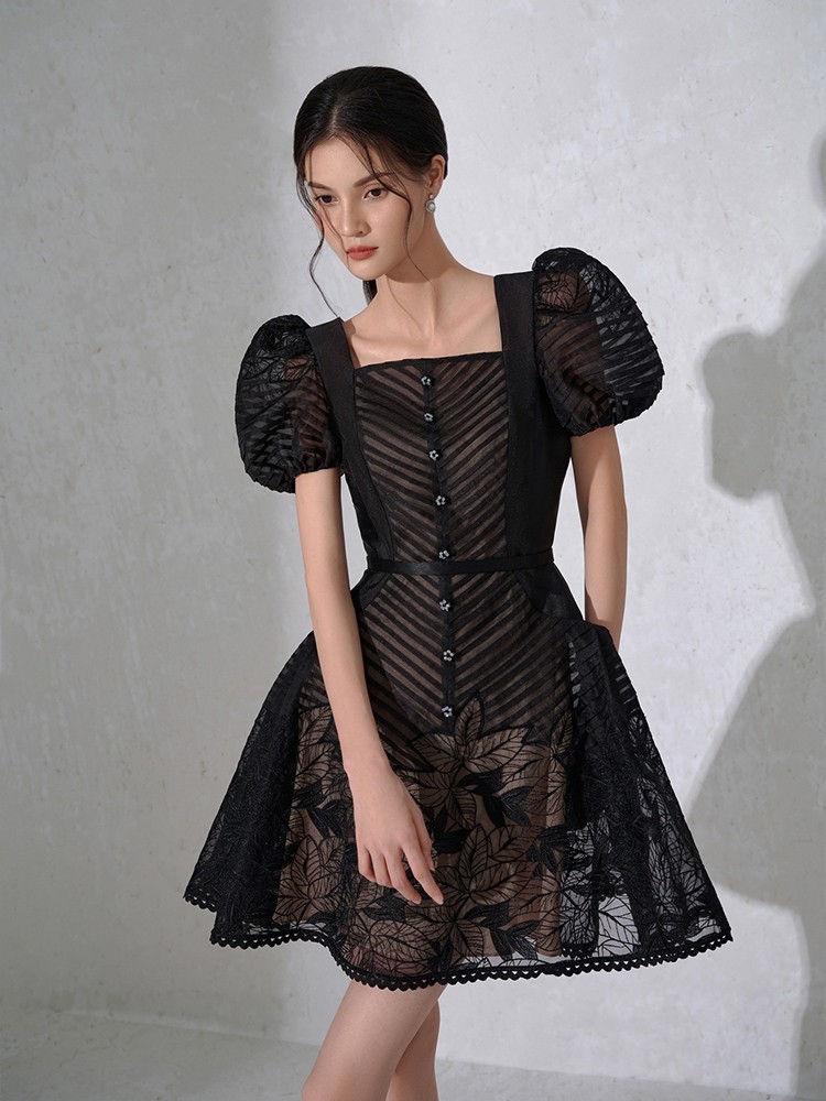 knee length dresses for ladies Black Appliques Tulle Short Sleeve A Line Ankle Length Party Dress main image 0