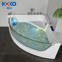 Baignoire d'angle HOKO pour 2 personnes, baignoire de massage en acrylique avec panneau en verre trempé et éclairage LED