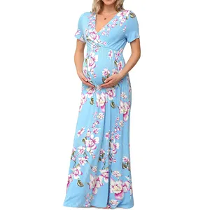 新しい妊娠中のドレス夏の半袖ルーズロングVネックドレスカジュアルプリントフローラルマキシマタニティドレス