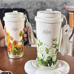 Vaso Térmico Plantas de Verano, Taza de Café de Doble Pared de Acero Inoxidable 316 con Tapa y Correa, Regalo para Mujer - Product Image 1