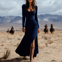 Robe d'été 2025 sexy en polyester à manches longues plissées, style rétro occidental, boutonnée, pour le marché transfrontalier Europe-Amérique