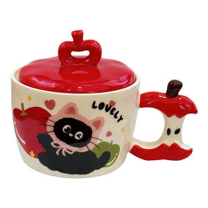 Apple Cat <b>Ceramic</b> <b>Mug</b> With Lid And Handle Cute Cartoon Design For Girls Students Dorm Office Use Red Green Colors Available - Product Image 3