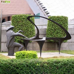 Arte musicale a grandezza naturale statua di uomo astratto pianoforte che suona scultura in bronzo - Product Image 2