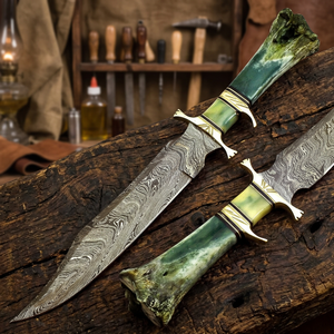 Premium Industrial Grade Damascus Steel Straight Edge Clip Point Durable Camping Bowie <b>Knife</b> Green Camel <b>Bone</b> <b>Handle</b> Brass Guard - Product Image 3