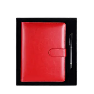 مخصص المطبوعة المجلات الأحمر الأسود بو الجلود دفاتر كتابة طقم هدايا الأعمال مكتب 6 حلقة الموثق مخطط مع القلم و مربع