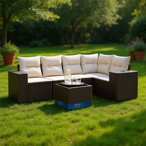 Conjunto de Sofás Modulares de Jardín Fuglejordin de Ratán PE Marrón, Muebles de Exterior de Diseño Elegante con Cojines de Espuma de Alta Densidad - Product Image 2