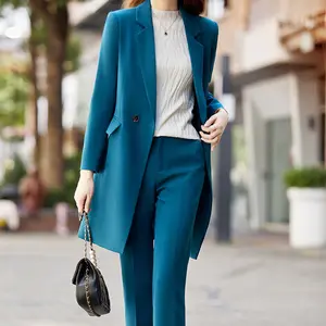 Vrouw Pauw Blauwe Blazer Jas Herfst Winter Midi Mode Tweedelige Set Pak