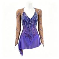 Robe de patinage artistique violette, manches longues en maille, dos croisé, ornée de strass, pour femmes et filles, compétition, spectacle sur glace