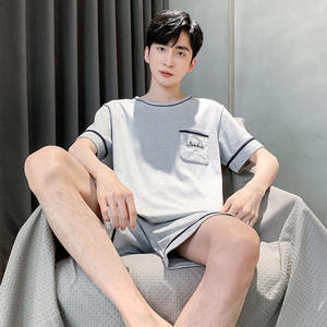 Set <span class=keywords><strong>pigiama</strong></span> in <span class=keywords><strong>cotone</strong></span> traspirante da <span class=keywords><strong>uomo</strong></span> estivo a manica corta Casual in due pezzi per indumenti da casa <span class=keywords><strong>pantaloncini</strong></span> da notte per la stagione calda - Product Image 6