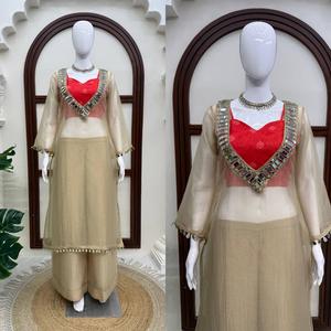 Robe élégante en soie Salsa de qualité supérieure avec ensemble pantalon dans des tons chics et élégants, magnifique tenue de fête ethnique indienne pour femmes - Product Image 3