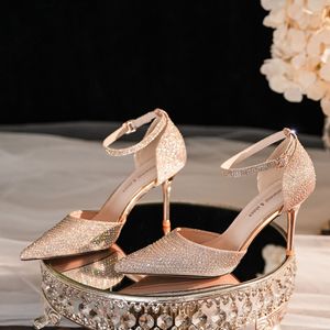 Zapatos de Tacón Alto para Novia, con Punta en Pico, Tacón de Aguja, Correa de Tobillo con Pedrería, para Vestido de Fiesta de Boda - Product Image 1