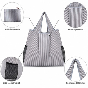 Bolsa de compras plegable con logotipo personalizado, 19.7x16.9x3 pulgadas, bolsillo frontal a rayas, se pliega en una bolsa, soporta 50 libras, reutilizable, para llevar compras. - Product Image 3
