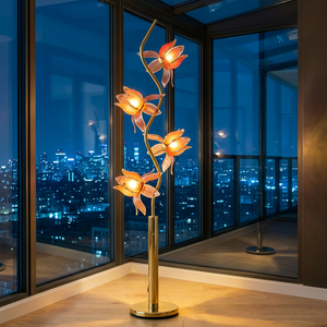 Lotus Decorative Floor Lamp Wholesale, Curved Golden Stand, Acrylic Petal <b>Shade</b>, Warm LED Study <b>Light</b> - Product Image 1