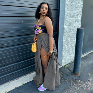 Mode rue femmes poche Patchwork <span class=keywords><strong>Cargo</strong></span> <span class=keywords><strong>jupe</strong></span> taille élastique haute fente a-ligne <span class=keywords><strong>jupe</strong></span> tissé longue <span class=keywords><strong>Cargo</strong></span> <span class=keywords><strong>jupe</strong></span> - Product Image 4