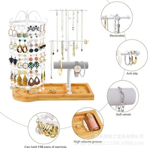 Earring And Jewelry <b>Display</b> <b>Stand</b> 5 Layers <b>Rotating</b> Desktop Organizer With Necklace Bracelet Holder Wooden Bamboo Base - Product Image 5