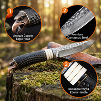 Couteau à lame fixe en damas fait main, tête d'aigle, couteau tactique de chasse, couteau de camping, couteau de poche, étui en cuir F0101