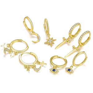 Bijoux fins en argent sterling 925 plaqué or 18 carats, boucles d'oreilles créoles pendantes avec croix, yeux maléfiques, lune, étoile et zircon pour femmes et hommes - Product Image 1