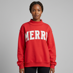 Women's Red Oversized Mockneck <b>Sweatshirt</b> with Merry Graphic Chenille Patch Letter Print Drop-Shoulder <b>Long</b> Sleeve Knitted Tops - Product Image 2
