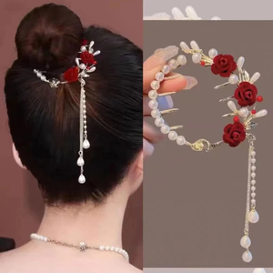 Elegante fermaglio per capelli con perle e nappe a forma di rosa per donne e ragazze, accessorio per feste. - Product Image 2