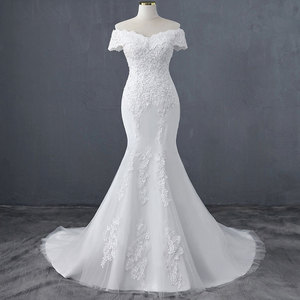 White Off Shoulder Mermaid Wedding Dress With Lace Applique Sweetheart Neckline Vintage Style - Product Image 1