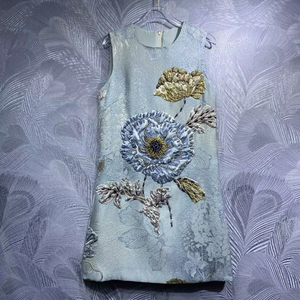 Colección de Verano, Vestido Casual de Cuello Redondo para Mujer, con Detalle de Cuentas, Tejido Jacquard con Flores Vintage, Alta Calidad - Product Image 1