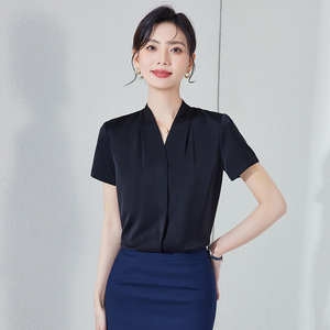 Women's Satin V-Neck Blouse Solid Color Short Sleeve Long Sleeve Work Shirt For Office Professional Wear - Product Image 4