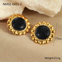 Ensemble de bijoux classiques en acier inoxydable or 18 carats, agate rouge noire vintage, contour de fleur, grosses boucles d'oreilles et bague
