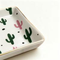 Mug en céramique gaufré moderne pour Noël et mariage avec 2 plateaux rectangulaires imprimés cactus et bord doré – Décoration d'intérieur