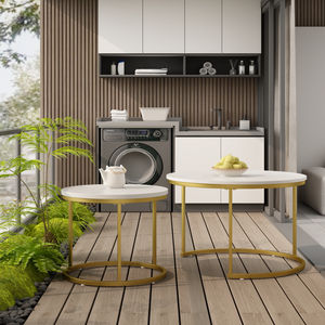Set di 2 tavolini da caffè rotondi con piano in marmo bianco e struttura in metallo dorato, mobili per soggiorno - Product Image 6