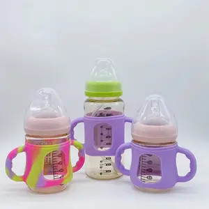 OEM 4oz硅胶耐用婴儿奶瓶手柄吸管瓶带手柄玻璃婴儿奶瓶套盖