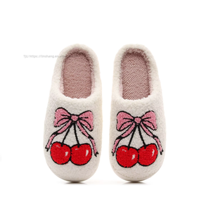 Wholesale Large Cherry Print Soft Plush Fluffy Stuffed for <b>Slippers</b> Custom Design Women's House for <b>Slippers</b> Feature for - Product Image 1