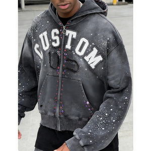 Sweat à capuche zippé personnalisé en coton 100% doublé, avec broderie pailletée, motif lettres imprimé, effet vieilli vintage, <span class=keywords><strong>strass</strong></span>, décontracté pour <span class=keywords><strong>homme</strong></span> - Product Image 2