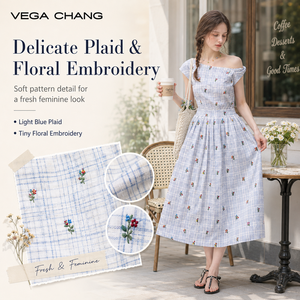 Vestido Midi de Mujer VEGA CHANG, Línea A, Azul Claro, a Cuadros, Asimétrico, de un Solo Hombro, con Manga Casquillo, Bordado Floral, Cintura Alta y Plisado - Product Image 1