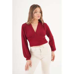 Chemisier bordeaux brodé pour femme, col en V, drapé à la poitrine, disponible en taille XL, idéal pour le bureau, en soie tricotée vintage, automne-printemps - Product Image 4