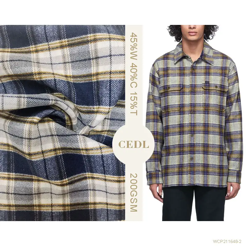 Lã Algodão Poliéster Azul E Amarelo Blended Double Sided Plaids Tecidos para Homens Camisas OCS Certified