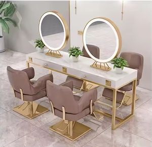 Más diseño barato grande de longitud completa estilo dorado peluquería maquillaje peluquería Led salón de belleza espejo estación con mesa - Product Image 1